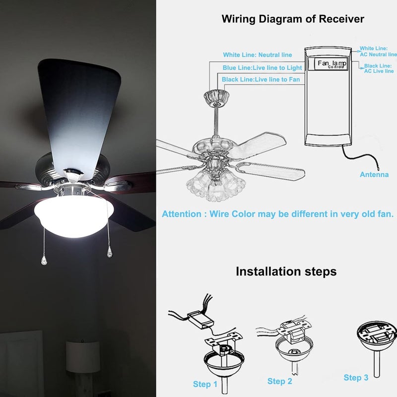 Taigeguang Ceiling Fan Light Remote Control Kit with Receiver,Ceiling Fan Speed,Timer and Light Control,3 in 1 Wireless Universal Remote Control for AC Motor Ceiling Fans (2 Pack) - Image 3